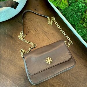 Tory Burch Chocolate Leather Crossbody with Gold Chain